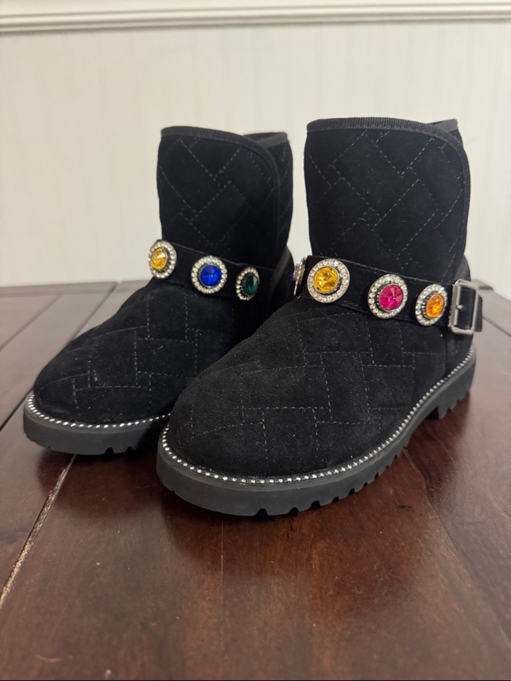 Kurt Geiger Black Quilted Ankle Boots with Multicolor Gem Medallions
